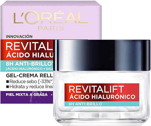 L'Oréal Paris Gel Crema facial Revitalift Ácido Hialurónico Anti-Brillo controla producción de sebo con ácido hialurónico + ácido salicílico y disminuye poros abiertos, ideal para piel grasa, 50ml