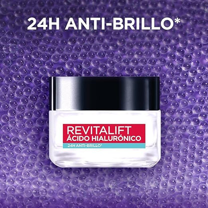 L'Oréal Paris Gel Crema facial Revitalift Ácido Hialurónico Anti-Brillo controla producción de sebo con ácido hialurónico + ácido salicílico y disminuye poros abiertos, ideal para piel grasa, 50ml