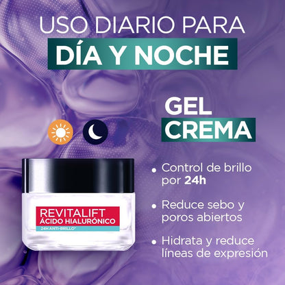 L'Oréal Paris Gel Crema facial Revitalift Ácido Hialurónico Anti-Brillo controla producción de sebo con ácido hialurónico + ácido salicílico y disminuye poros abiertos, ideal para piel grasa, 50ml