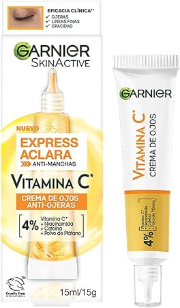 Garnier Express Aclara Crema de Ojos para Reducción Ojeras con Vitamina C + Niacinamida + Cafeína, 15 ml