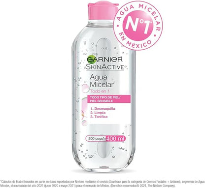 Garnier Skin Active Agua micelar desmaquillante Todo-en-1, 400ml. Limpia, desmaquilla y tonifica, para todo tipo de piel